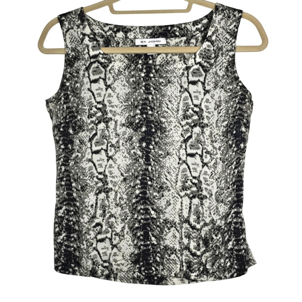 St John Womens Silk Blend Snakeskin Print Sleeveless Tank Top Shell Grey Black P